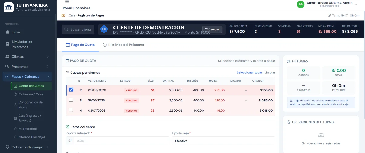 Cobro de cuotas: cuotas pendientes con su mora, datos del cobro y estado de la caja del turno.